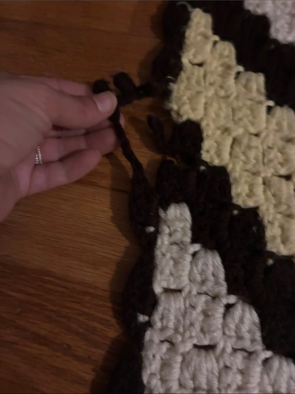 Vintage Diagonal Stripe Crochet Throw in Brown, Cream & Pale Yellow